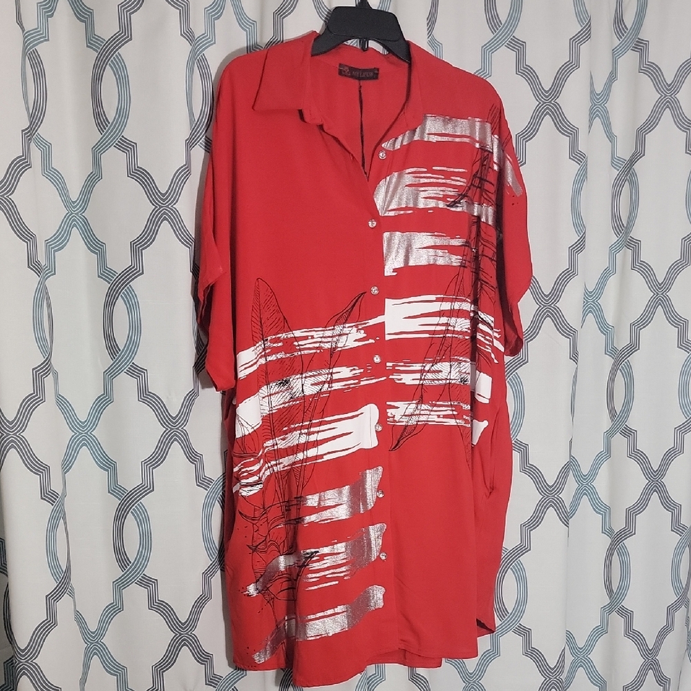 Red Button-Up Shirt with Silver Accents